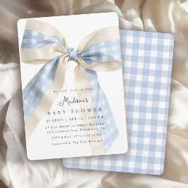 Blue Gingham Checks Bow Cute Baby Shower 招待状
