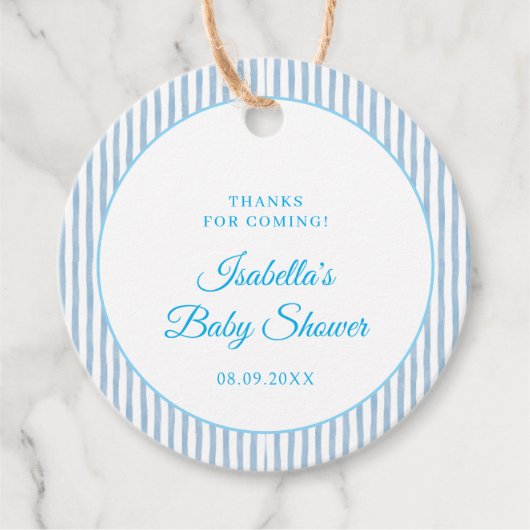 Blue Gingham Classic Elegant Baby Shower Favor フェイバータグ (正面)