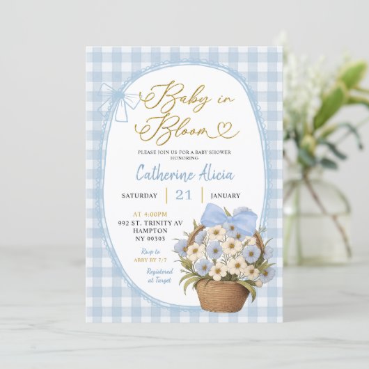 Blue Gingham Coquette Baby in Bloom Baby Shower 招待状 (スタンド正面)