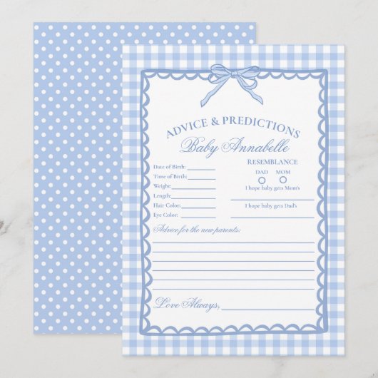 Blue Gingham Coquette Bow Advice for Baby Card 招待状 (正面/裏面)