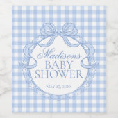 Blue Gingham Coquette Bow Baby Shower ワインラベル (シングルラベル)