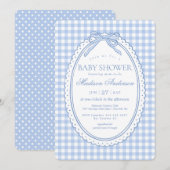 Blue Gingham Coquette Bow Baby Shower 招待状 (正面/裏面)