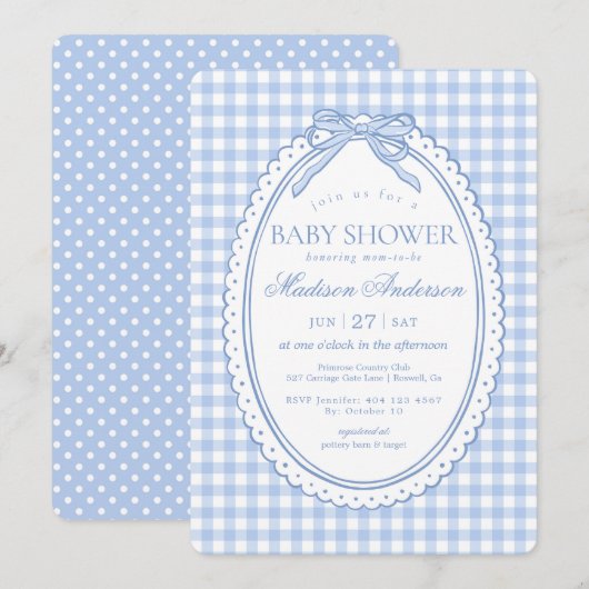 Blue Gingham Coquette Bow Baby Shower 招待状 (正面/裏面)