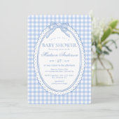 Blue Gingham Coquette Bow Baby Shower 招待状 (スタンド正面)