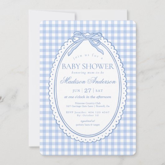 Blue Gingham Coquette Bow Baby Shower 招待状 (正面)