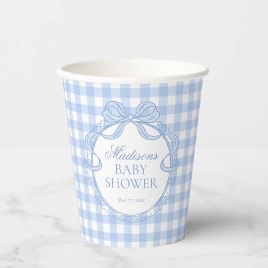 Blue Gingham Coquette Bow Baby Shower 紙コップ (正面)