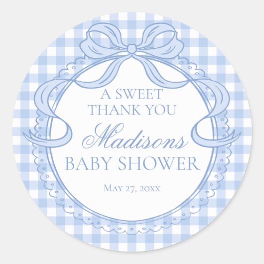 Blue Gingham Coquette Bow Baby Shower Favor ラウンドシール (正面)