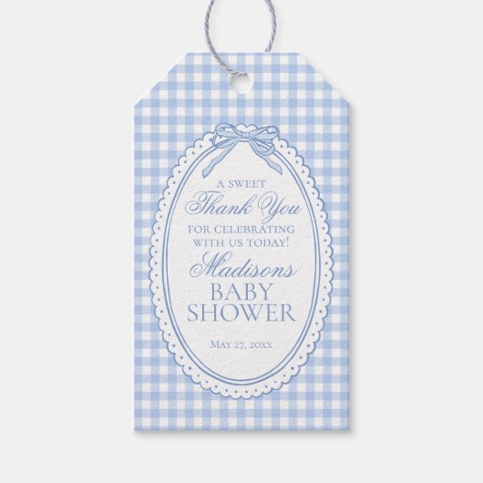 Blue Gingham Coquette Bow Baby Shower Favors ギフトタグ (正面)