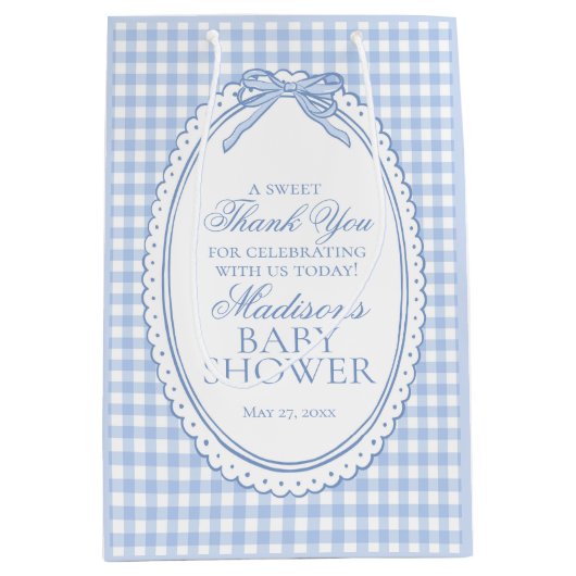 Blue Gingham Coquette Bow Baby Shower Favors ミディアムペーパーバッグ (正面)