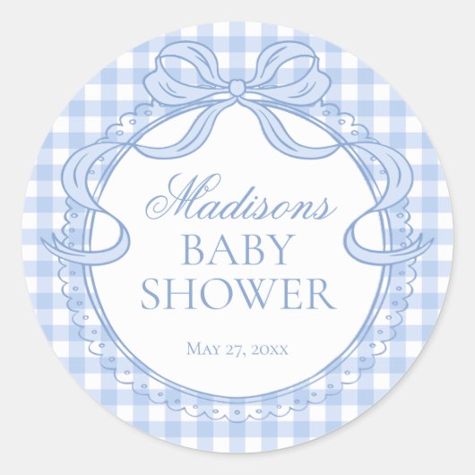 Blue Gingham Coquette Bow Baby Shower Seal ラウンドシール (正面)