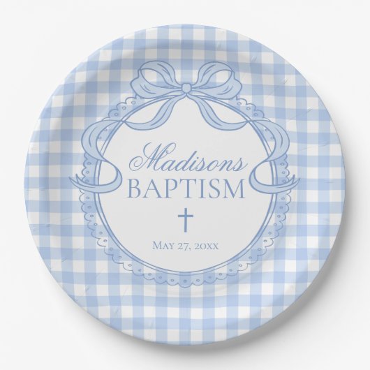 Blue Gingham Coquette Bow Baptism ペーパープレート (正面)