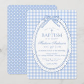 Blue Gingham Coquette Bow Baptism 招待状 (正面/裏面)
