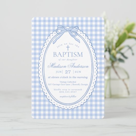 Blue Gingham Coquette Bow Baptism 招待状 (スタンド正面)
