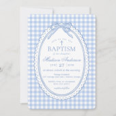 Blue Gingham Coquette Bow Baptism 招待状 (正面)