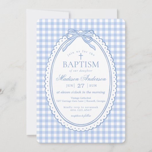 Blue Gingham Coquette Bow Baptism 招待状 (正面)