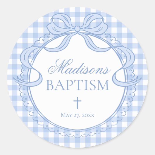Blue Gingham Coquette Bow Baptism Envelope Seal ラウンドシール (正面)