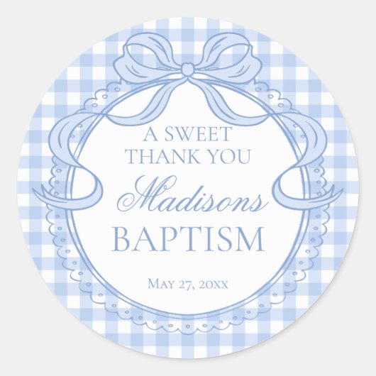 Blue Gingham Coquette Bow Baptism Favor ラウンドシール (正面)