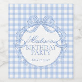 Blue Gingham Coquette Bow Birthday Party ワインラベル (シングルラベル)