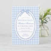 Blue Gingham Coquette Bow Birthday Party 招待状 (スタンド正面)