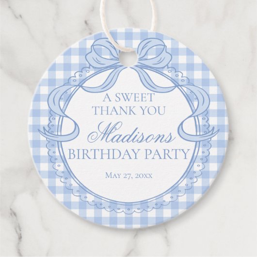 Blue Gingham Coquette Bow Birthday Party Circle フェイバータグ (正面)