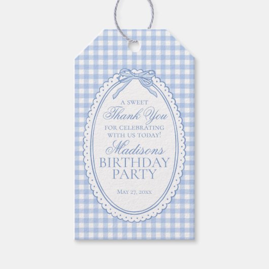 Blue Gingham Coquette Bow Birthday Party Favors ギフトタグ (正面)