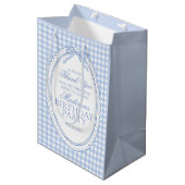 Blue Gingham Coquette Bow Birthday Party Favors ミディアムペーパーバッグ (正面アングル)