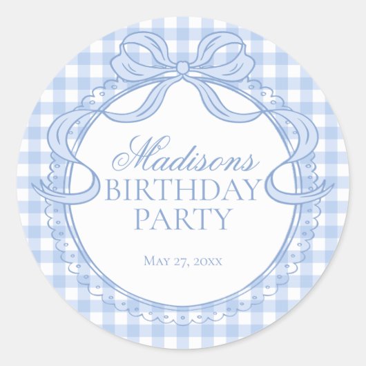 Blue Gingham Coquette Bow Birthday Seal ラウンドシール (正面)