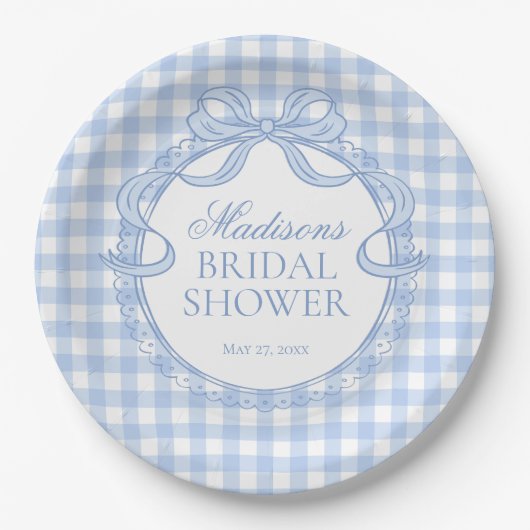 Blue Gingham Coquette Bow Bridal Shower ペーパープレート (正面)