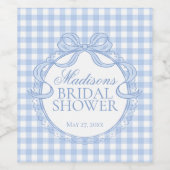 Blue Gingham Coquette Bow Bridal Shower ワインラベル (シングルラベル)