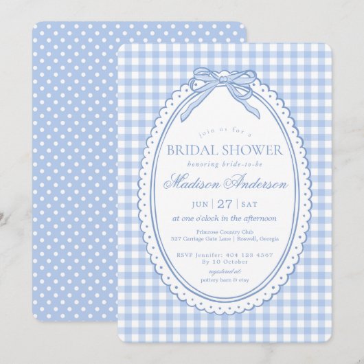 Blue Gingham Coquette Bow Bridal Shower 招待状 (正面/裏面)