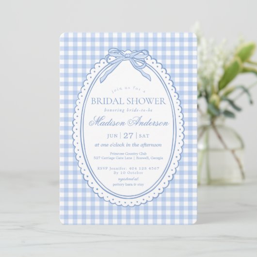 Blue Gingham Coquette Bow Bridal Shower 招待状 (スタンド正面)