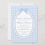 Blue Gingham Coquette Bow Bridal Shower 招待状 (正面)
