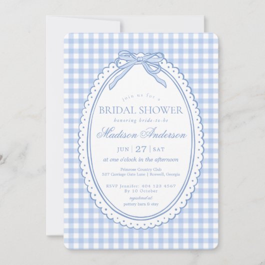Blue Gingham Coquette Bow Bridal Shower 招待状 (正面)