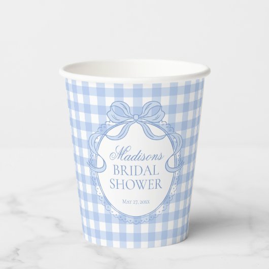 Blue Gingham Coquette Bow Bridal Shower 紙コップ (裏面)
