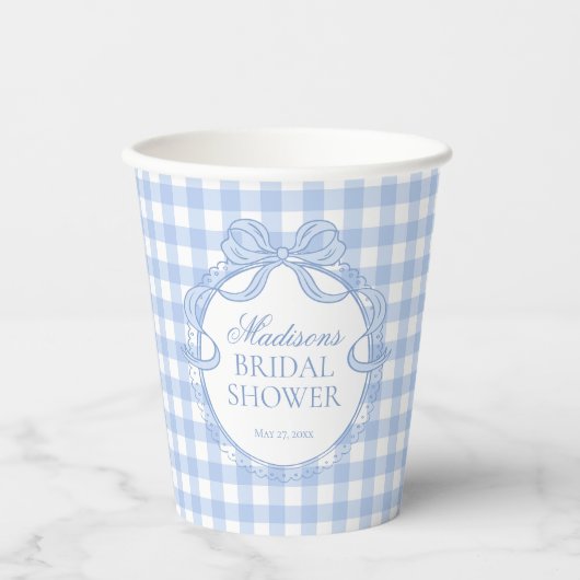 Blue Gingham Coquette Bow Bridal Shower 紙コップ (正面)