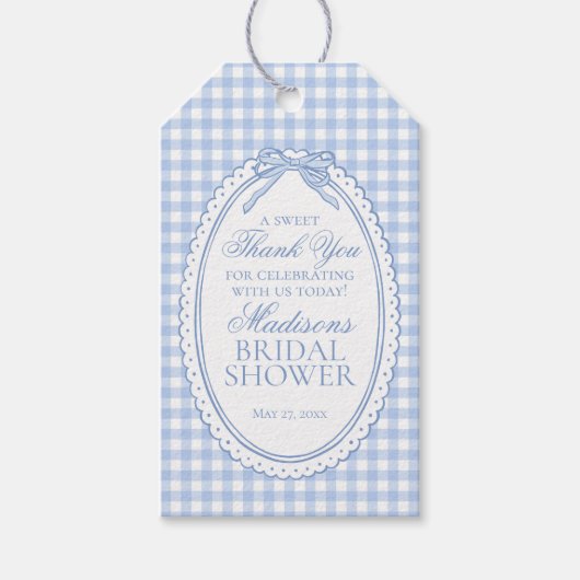 Blue Gingham Coquette Bow Bridal Shower Favors ギフトタグ (正面)