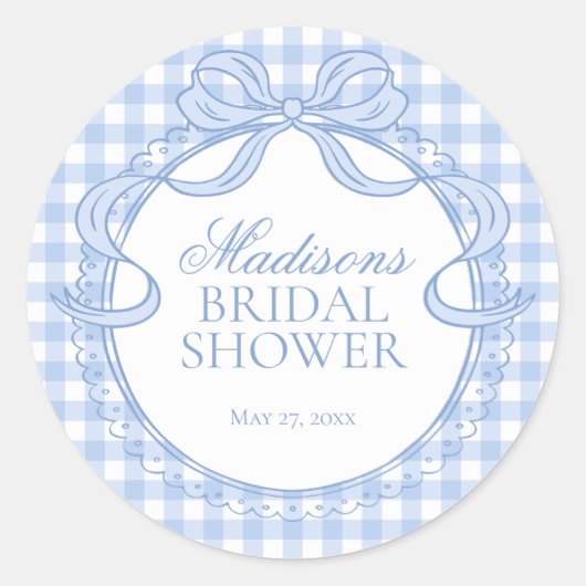 Blue Gingham Coquette Bow Bridal Shower Seal ラウンドシール (正面)