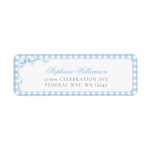 Blue Gingham Coquette Bow Return Address ラベル (正面)