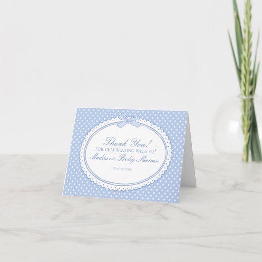Blue Gingham Coquette Bow Thank You Card  サンキューカード (正面)