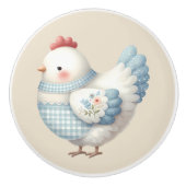Blue Gingham Cottage Hen セラミックノブ (正面)