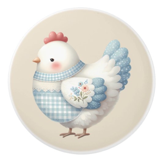 Blue Gingham Cottage Hen セラミックノブ (正面)