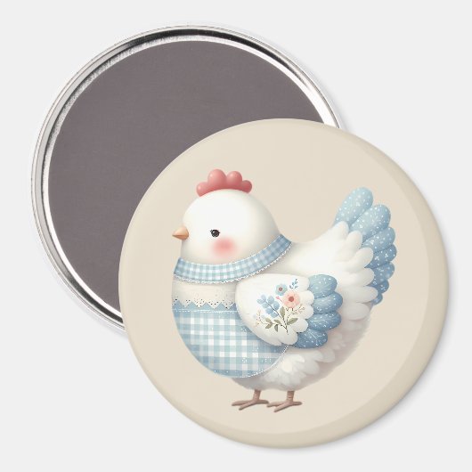 Blue Gingham Cottage Hen マグネット (正面/裏面)