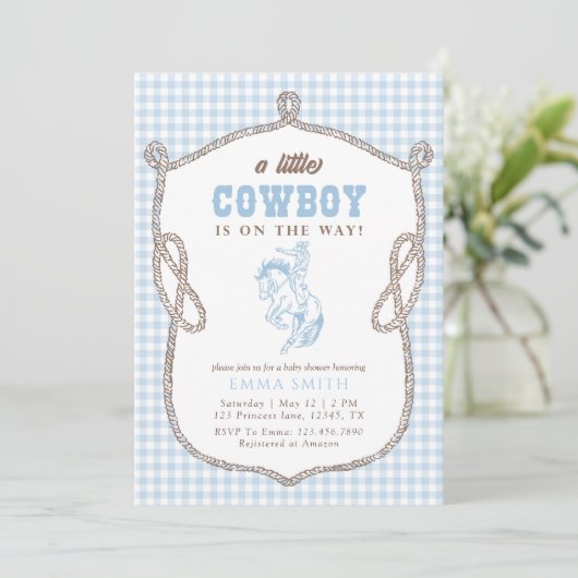 Blue Gingham Cowboy Baby Shower Vintage Preppy 招待状 (スタンド正面)