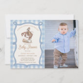 Blue Gingham Cowboy Photo Baby Shower 招待状 (正面)