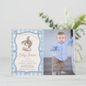 Blue Gingham Cowboy Photo Baby Shower 招待状 (スタンド正面)