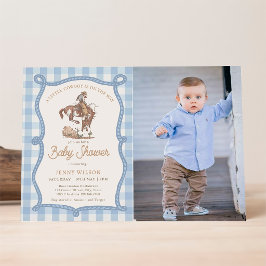 Blue Gingham Cowboy Photo Baby Shower 招待状