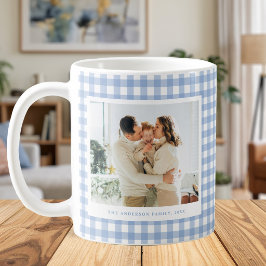 Blue Gingham Custom Photo コーヒーマグカップ