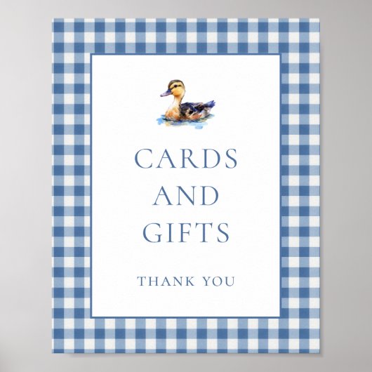 Blue Gingham Duck Cards Gifts Baby Shower Sign ポスター (正面)
