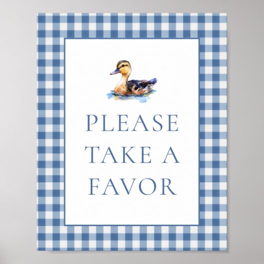 Blue Gingham Duck Favor Baby Shower Sign ポスター (正面)