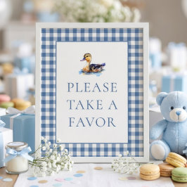 Blue Gingham Duck Favor Baby Shower Sign ポスター